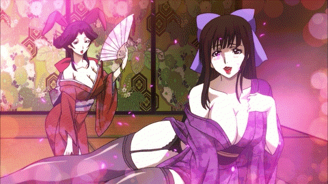 animated, breasts, brown_hair, fuuun_ishin_dai_shogun, japanese_clothes, kimono, large_breasts, lipstick
