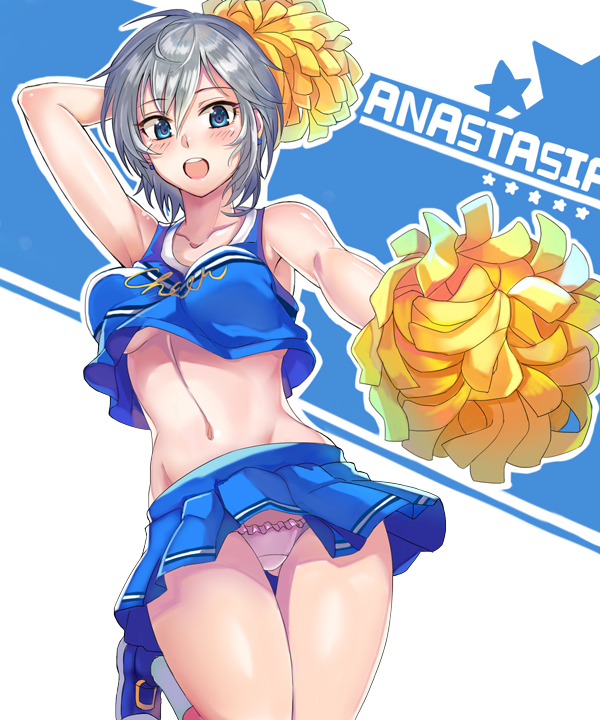 1girl, anastasia_(idolmaster), arm_up, ashita_(2010), blue_eyes, blush, breasts, cheerleader