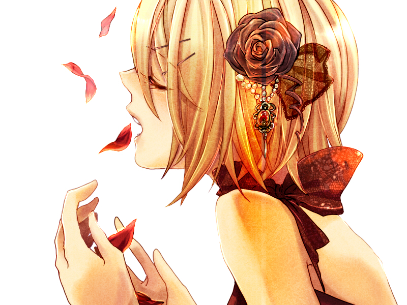 close-up, closed_eyes, flamenco, flower, hair_ornament, hair_ribbon, hairclip, kagamine_rin