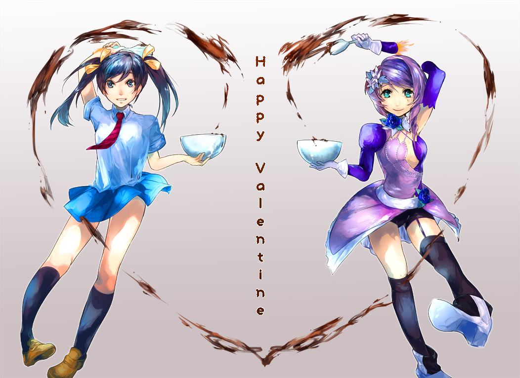 2girls, alcohol, alisa_boskonovich, asymmetrical_clothes, asymmetrical_hair, black_hair, black_legwear, breakblack