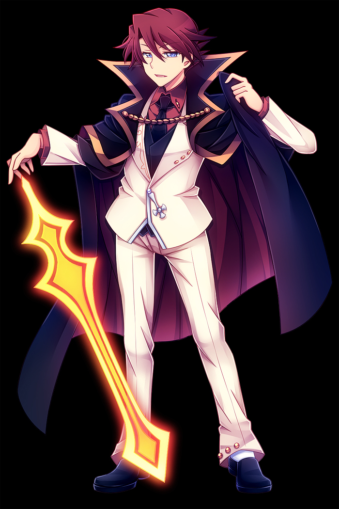 1boy, blue_eyes, cape, male_focus, momofukki, necktie, redhead, sword
