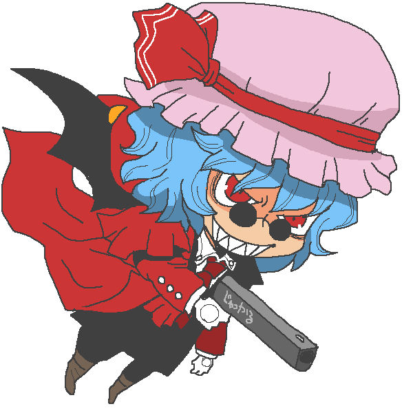 1girl, alucard_(hellsing), alucard_(hellsing)_(cosplay), bat_wings, blue_hair, glasses, gloves, gun