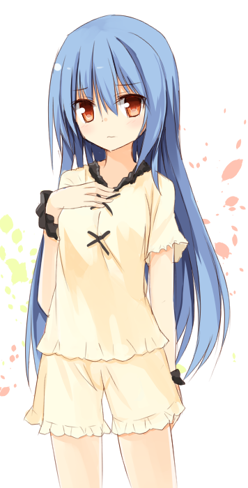 1girl, blue_hair, hand_on_own_chest, hinanawi_tenshi, long_hair, looking_at_viewer, pajamas, petals