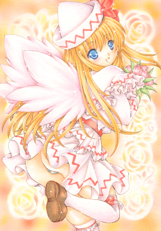 1girl, :d, ass, blonde_hair, blue_eyes, blush, bow, capelet