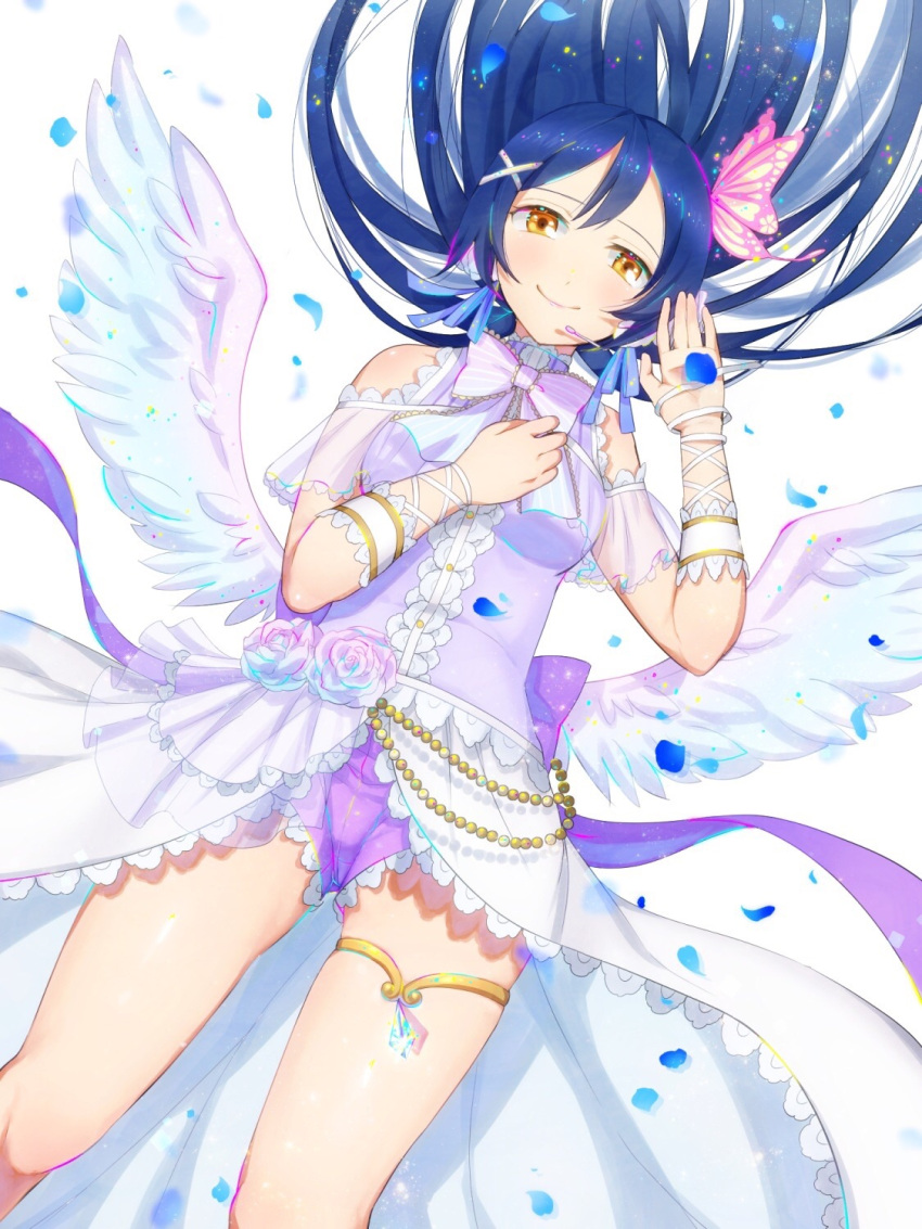 1girl, angel_wings, blue_hair, bobo_(uccello), butterfly_hair_ornament, dress, hair_ornament, highres