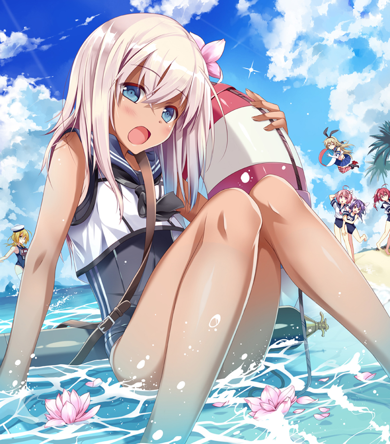 6+girls, ball, beach, beachball, blonde_hair, blue_eyes, blue_hair, breasts