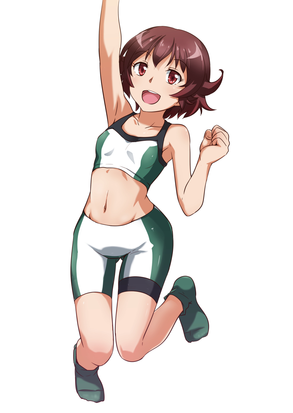 1girl, arm_up, bike_shorts, brown_eyes, brown_hair, gundam, gundam_build_fighters, gundam_build_fighters_try
