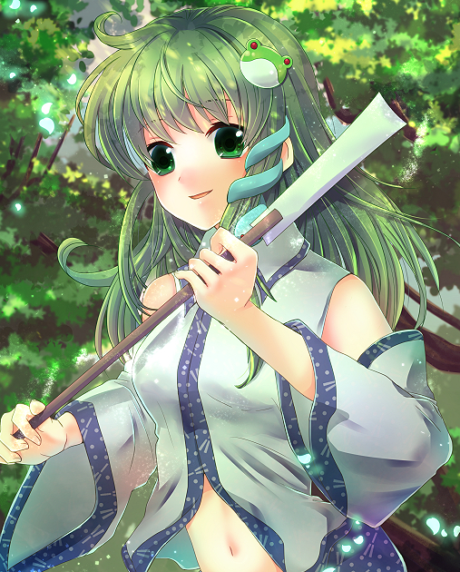 1girl, breasts, detached_sleeves, face, forest, frog_hair_ornament, gohei, green_eyes
