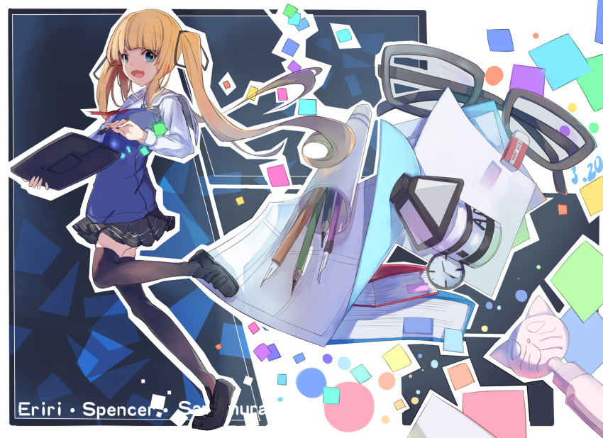 1girl, black_legwear, blonde_hair, blue_eyes, book, bookmark, capelet, cat