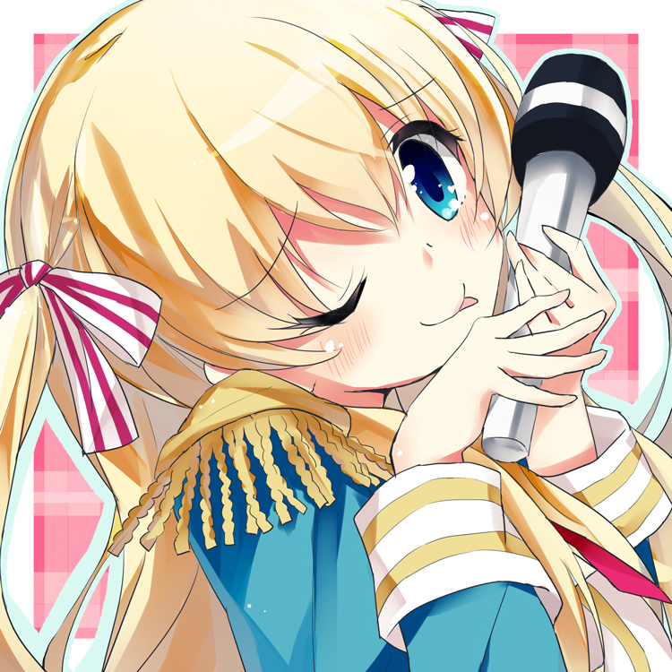 1girl, ;p, bangs, bekki_natsumi, blonde_hair, blue_eyes, bow, commentary_request