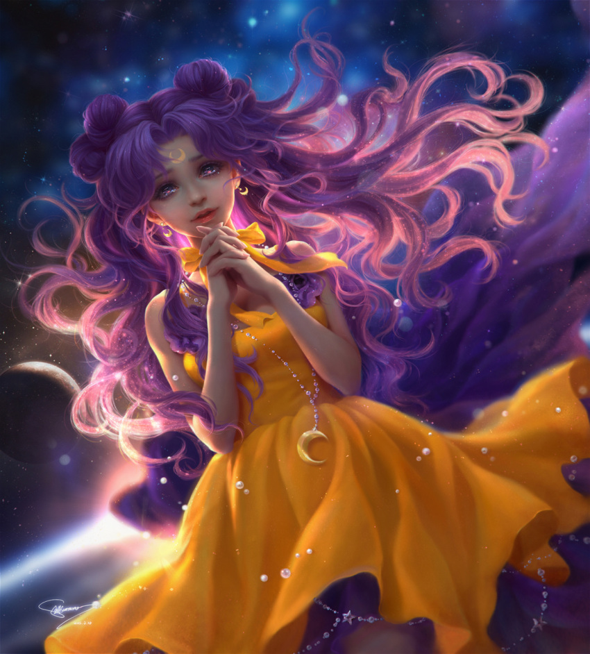 1girl, 2015, backlighting, bare_shoulders, bishoujo_senshi_sailor_moon, choker, crescent, crescent_moon