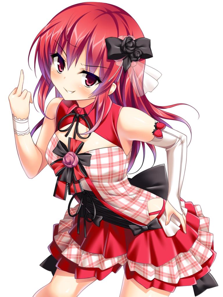 1girl, asymmetrical_clothes, audrey_belrose, dress, hand_on_hip, hunie_pop, long_hair, middle_finger
