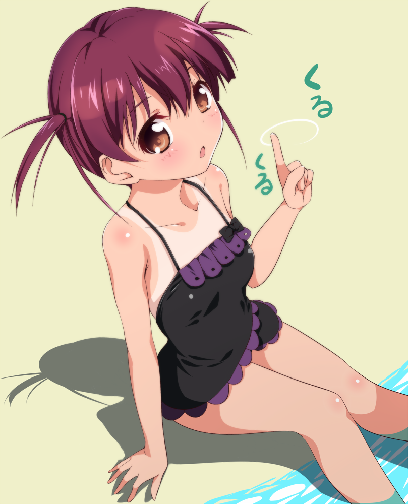 1girl, arm_support, beach, black_swimsuit, blush, brown_hair, frilled_swimsuit, frills