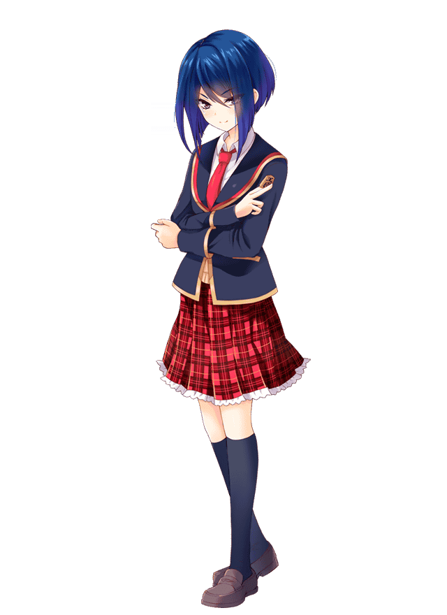 1girl, blue_hair, girlfriend_(kari), hibara_eiko, necktie, official_art, plaid, plaid_skirt, school_uniform, simple_background, skirt, violet_eyes, white_background