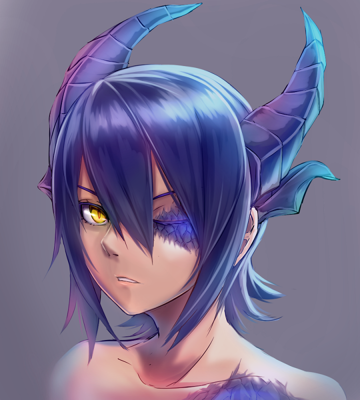 1girl, horns, kantai_collection, one_eye_closed, parted_lips, purple_hair, ruuto_(ruto3), scales