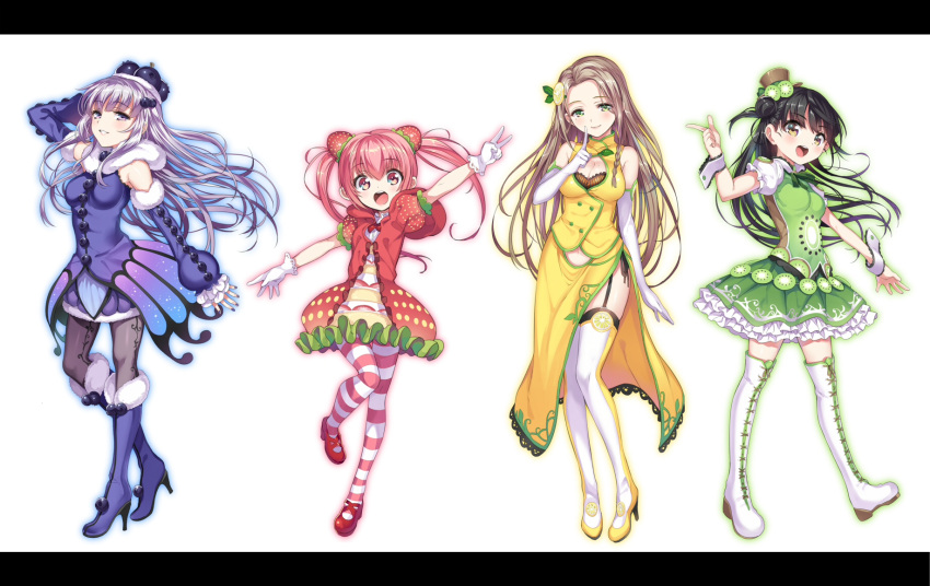 4girls, arm_behind_head, black_hair, blueberry, boots, breasts, brown_eyes, brown_hair, cleavage, detached_sleeves, dress, elbow_gloves, food, food_as_clothes, food_themed_clothes, fruit, gan_(shanimuni), garter_straps, gloves, green_eyes, hair_bun, hair_ornament, hat, highres, kiwifruit, knee_boots, lemon, long_hair, mary_janes, mini_top_hat, mole, mole_on_breast, multiple_girls, nail_polish, navel_cutout, original, outstretched_arms, pantyhose, pink_eyes, pink_hair, purple_hair, shoes, skirt, smile, spread_arms, standing, standing_on_one_leg, strawberry, strawberry_hair_ornament, striped, striped_legwear, thigh-highs, thigh_boots, top_hat, twintails, v, very_long_hair, violet_eyes, wrist_cuffs, zettai_ryouiki