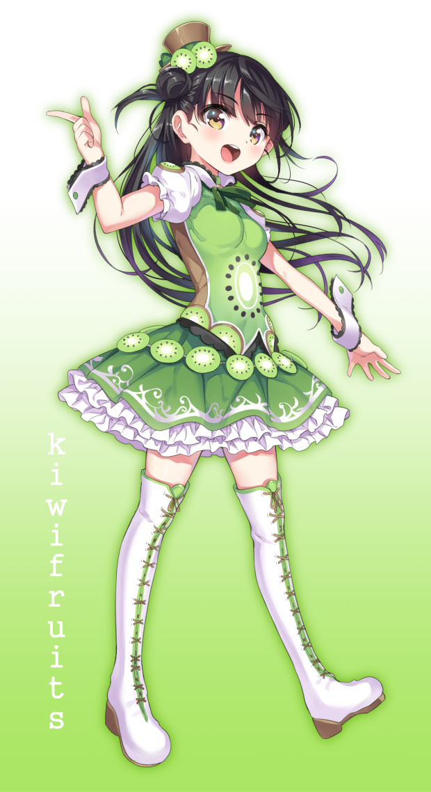 1girl, black_hair, boots, brown_eyes, food_themed_clothes, gan_(shanimuni), hair_bun, hat
