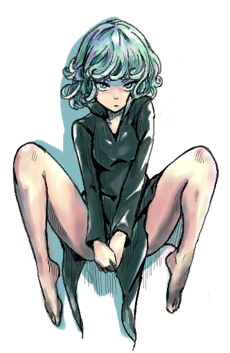 1girl, bare_legs, black_dress, dress, green_eyes, green_hair, legs_up, looking_at_viewer, onepunch_man, short_hair, simple_background, sitting, solo, takasakiyama_monmon, tatsumaki, white_background