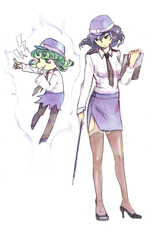 2girls, alternate_costume, baton, black_hair, blue_skirt, brown_legwear, clipboard, collared_shirt, floating, fubuki_(onepunch_man), green_eyes, green_hair, hat, high_heels, holding, jolin0323, long_sleeves, multiple_girls, necktie, onepunch_man, police, police_uniform, policewoman, short_hair, siblings, side_slit, simple_background, sisters, skirt, tatsumaki, thigh-highs, uniform, whistle, white_background, zettai_ryouiki