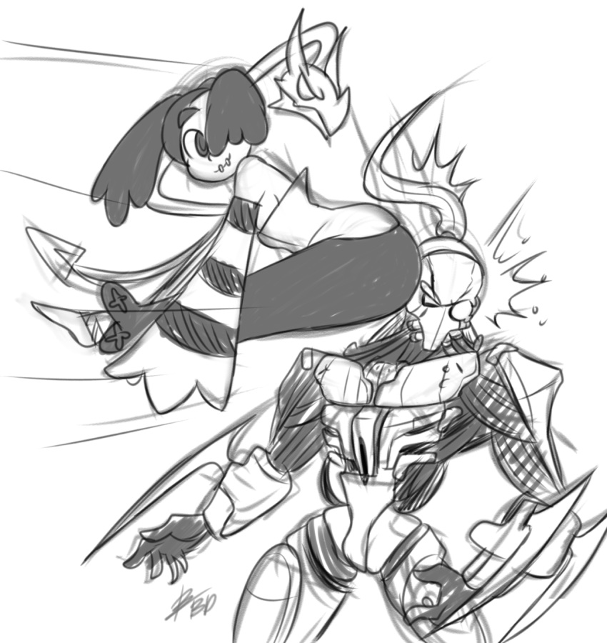 1boy, 1girl, bigdead93, commentary, crossover, detached_sleeves, fulgore, highres, hip_attack, killer_instinct, killer_instinct_(series), monochrome, sketch, skullgirls, squigly_(skullgirls), striped_sleeves