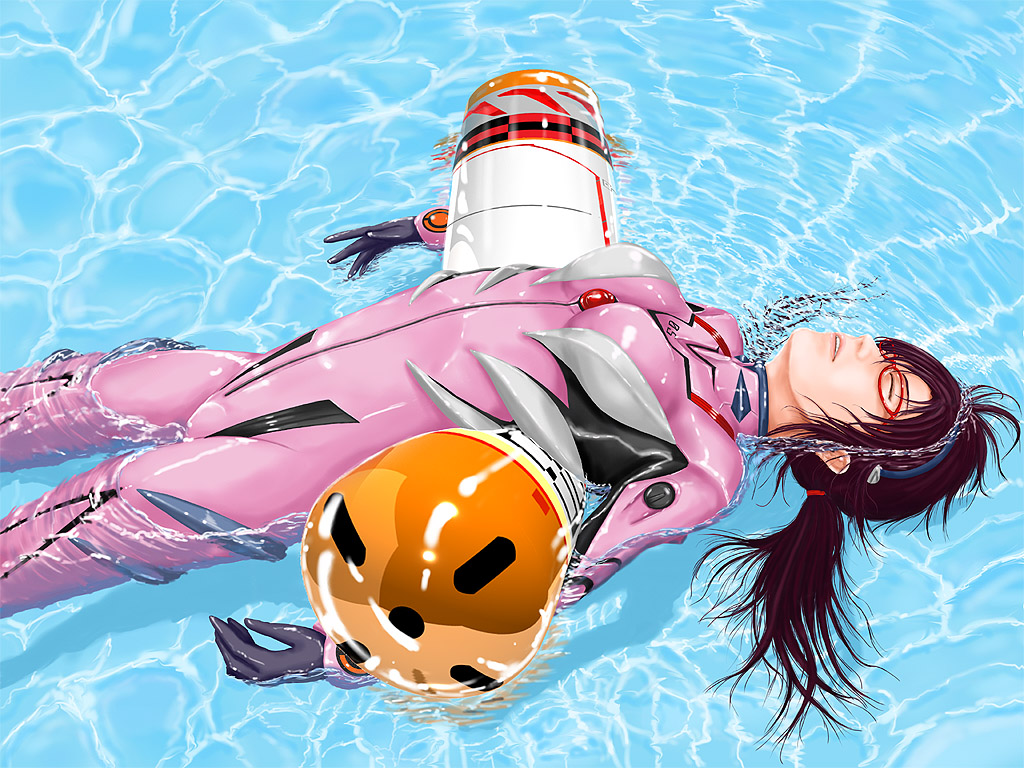 afloat, breasts, brown_hair, closed_eyes, entry_plug, evangelion:_2.0_you_can_(not)_advance, glasses, hairband