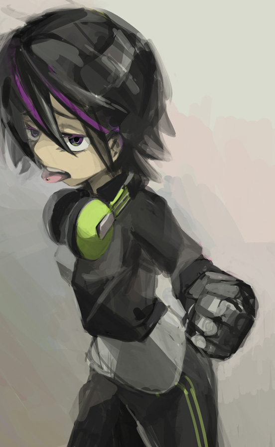 1girl, big_hero_6, black_hair, gloves, gogo_tomago, headphones, multicolored_hair, piercing