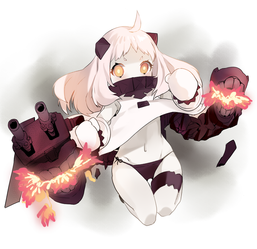 1girl, ahoge, black_panties, horns, kantai_collection, looking_at_viewer, midriff, mittens, monster, navel, northern_ocean_hime, pale_skin, panties, red_eyes, shinkaisei-kan, short_eyebrows, shovelwall, solo, turret, underwear, white_hair