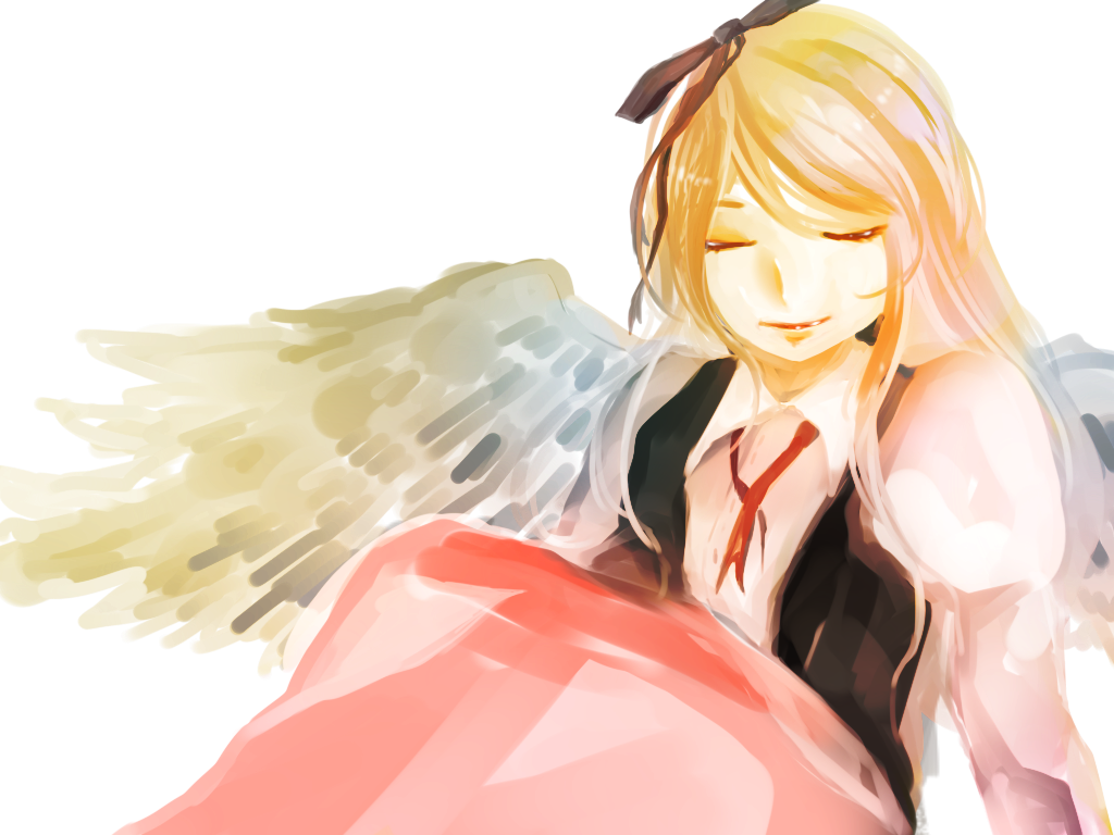 angel_wings, blonde_hair, closed_eyes, facing_viewer, gengetsu, hair_ribbon, juliet_sleeves, knees_to_chest
