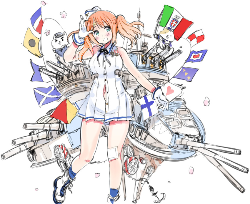 1girl, :d, anchor, bandaid, bare_shoulders, black_ribbon, blue_eyes, blush