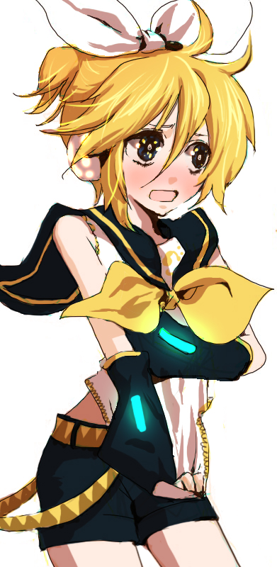 bad_id, blonde_hair, blush, camayu, cosplay, crossdressing, crossdressinging, headphones, kagamine_len, kagamine_rin, kagamine_rin_(cosplay), male, midriff, short_hair, shorts, simple_background, solo, trap, vocaloid