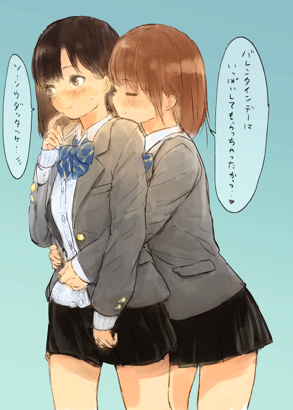 2girls, bangs, black_hair, black_skirt, blue_background, bow, brown_hair, finger_to_mouth