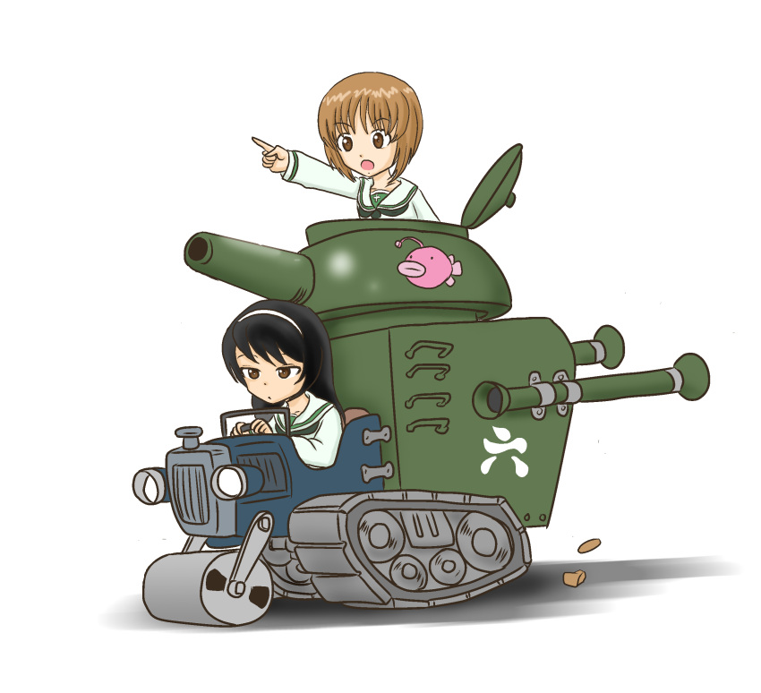 2girls, crossover, girls_und_panzer, gun, highres, isuzu_hana, military, military_vehicle