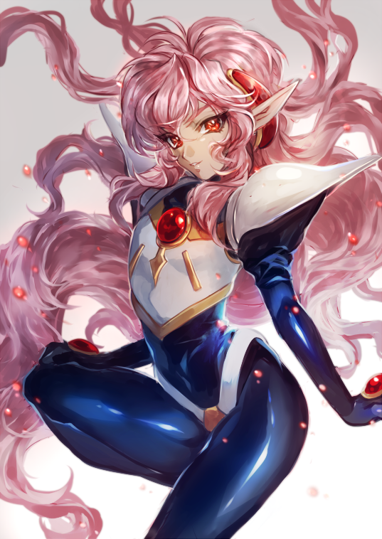 1girl, armor, bodysuit, long_hair, looking_at_viewer, magic_knight_rayearth, momoshiki_tsubaki, nova_(rayearth), pink_hair, pointy_ears, rayearth_(character), red_eyes, smile, solo, very_long_hair