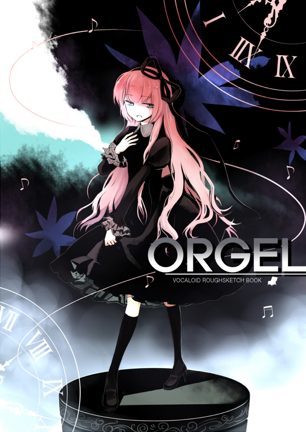 black_dress, black_legwear, black_socks, blue_eyes, cheonha, cheonha87, dress, hair_ribbon, long_hair, megurine_luka, musical_note, pink_hair, ribbon, smile, socks, solo, toki_no_orgel_(vocaloid), vocaloid