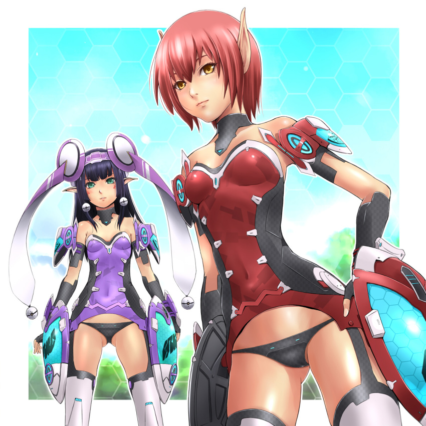 2girls, black_hair, elbow_gloves, facial_mark, fingerless_gloves, gloves, green_eyes, highres