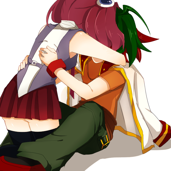 1boy, 1girl, green_hair, hiiragi_yuzu, hug, jacket, jacket_on_shoulders, jewelry