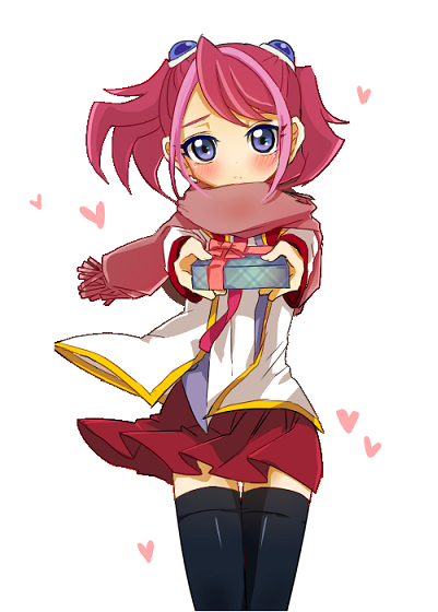 1girl, blue_eyes, blush, box, gift, gift_box, hiiragi_yuzu, jacket, multicolored_hair, necktie, pink_hair, puruchino, scarf, school_uniform, short_twintails, solo, thigh-highs, twintails, two-tone_hair, valentine, yuu-gi-ou, yuu-gi-ou_arc-v, zettai_ryouiki