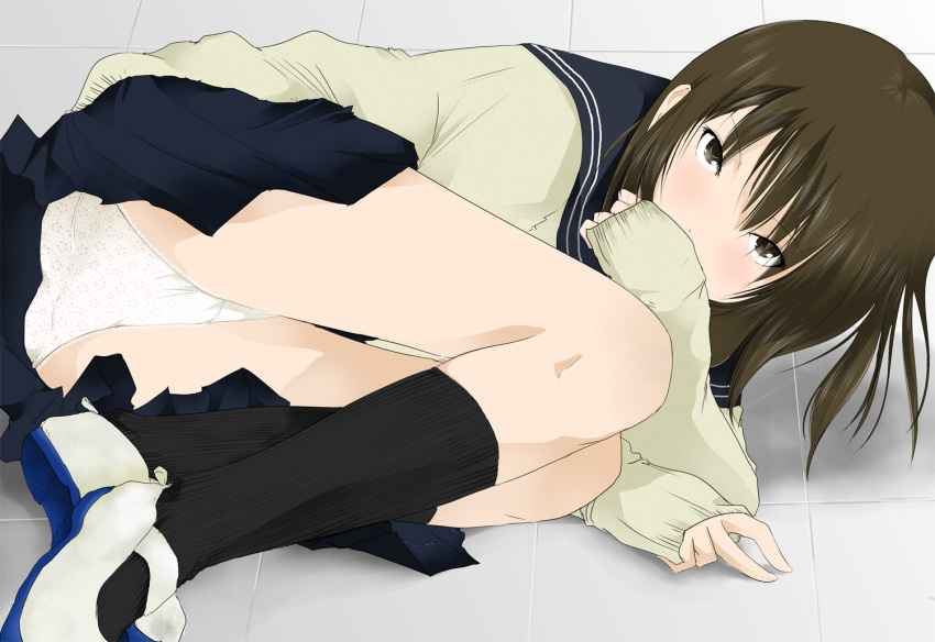 black_legwear, brown_eyes, brown_hair, cardigan, covering_mouth, lying, on_side, original