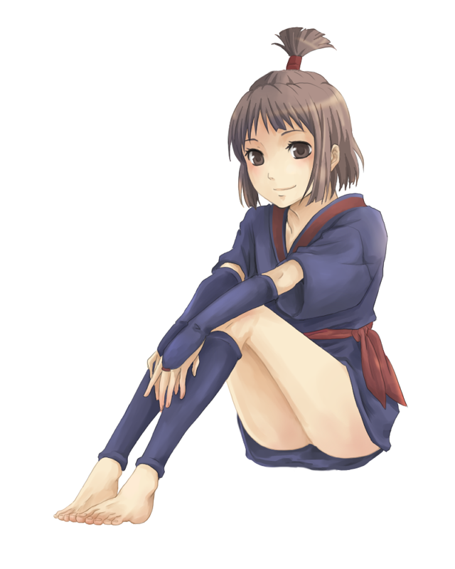 bridal_gauntlets, brown_eyes, brown_hair, chan_mage, feet, japanese_clothes, kaya_(mononoke_hime), kimono, leg_warmers, mononoke_hime, short_hair, short_kimono, sitting, smile, solo, studio_ghibli, topknot