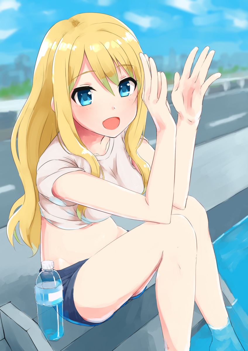 1girl, blonde_hair, blue_eyes, bottle, chelle_ingham, feet_in_water, highres, long_hair