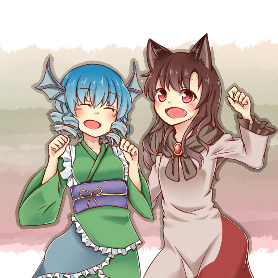 2girls, ^_^, animal_ears, blue_hair, brown_hair, clenched_hands, closed_eyes, dress