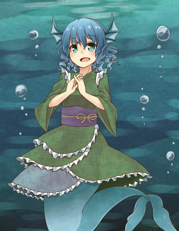 1girl, blue_eyes, blue_hair, bubble, head_fins, interlocked_fingers, japanese_clothes, kimono