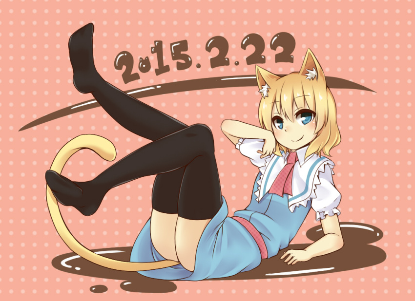 1girl, alice_margatroid, animal_ears, black_legwear, blonde_hair, blue_eyes, capelet, cat_ears, cat_tail, dress, kemonomimi_mode, legs_up, niwatori_(shimatori042), polka_dot, polka_dot_background, smile, tail, thigh-highs, touhou