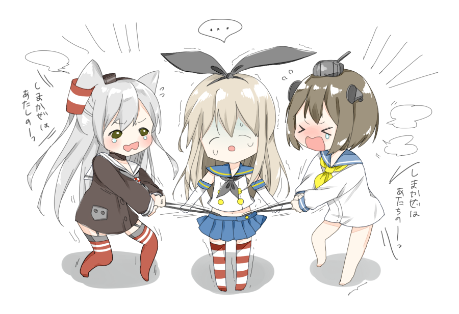 >_<, 3girls, amatsukaze_(kantai_collection), blonde_hair, brown_hair, closed_eyes, commentary_request, flying_sweatdrops