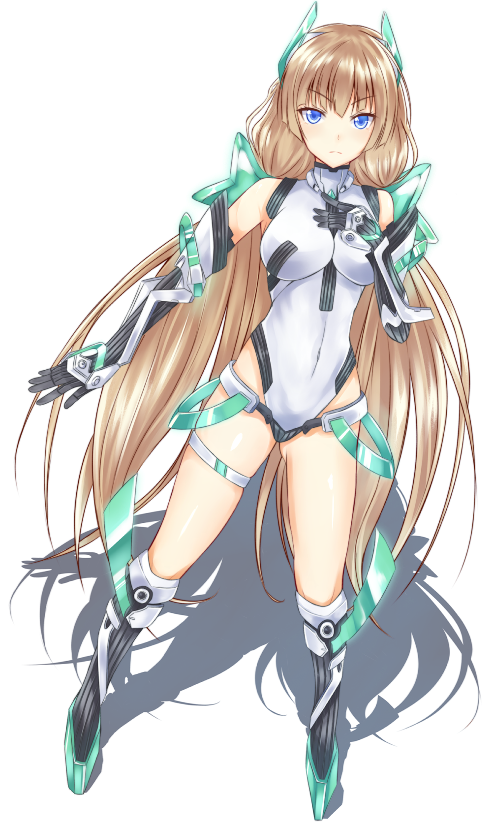 1girl, angela_balzac, blonde_hair, blue_eyes, breasts, elbow_gloves, gloves, headgear, highres, leotard, long_hair, looking_at_viewer, rakuen_tsuihou, shadow, simple_background, solo, take_(s-wab), twintails, very_long_hair