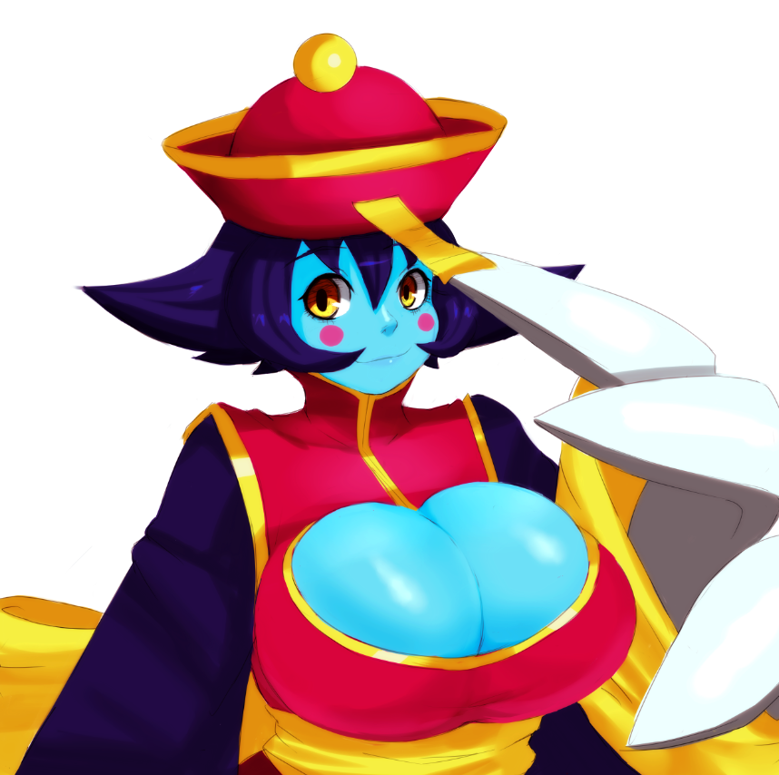 1girl, aqua_skin, blush_stickers, breasts, chinese_clothes, claws, cleavage, cleavage_cutout