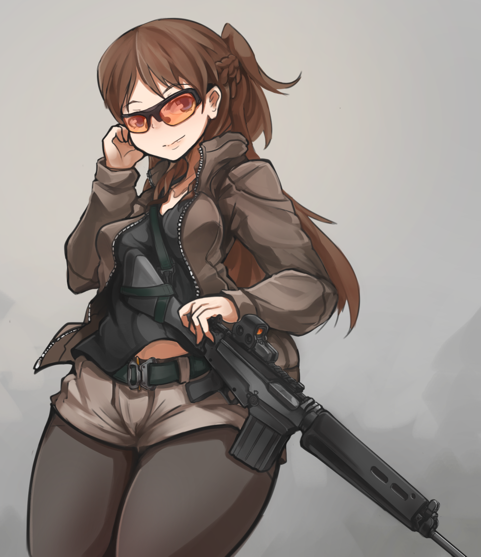 1girl, arceonn, battle_rifle, black_legwear, braid, brown_hair, fal_(upotte!!), fn_fal, french_braid, gun, half_updo, jacket, laser_sight, long_hair, pantyhose, rifle, shooting_glasses, shorts, small_breasts, solo, tank_top, upotte!!, weapon, wide_hips
