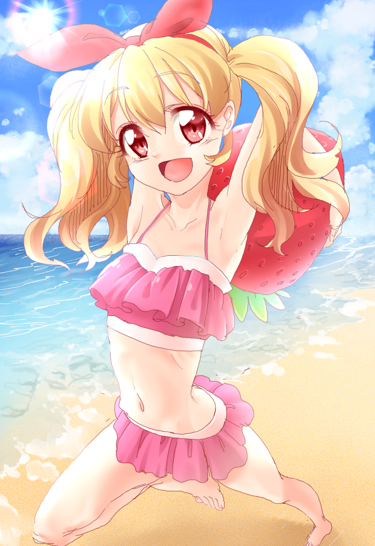 1girl, :d, aikatsu!, alternate_hairstyle, barefoot, beach, bikini, blonde_hair, blush, clouds, food, fruit, hair_ribbon, hoshimiya_ichigo, kyuu_(award), long_hair, looking_at_viewer, navel, ocean, open_mouth, red_eyes, ribbon, sand, sky, smile, solo, strawberry, sun, swimsuit, twintails, water