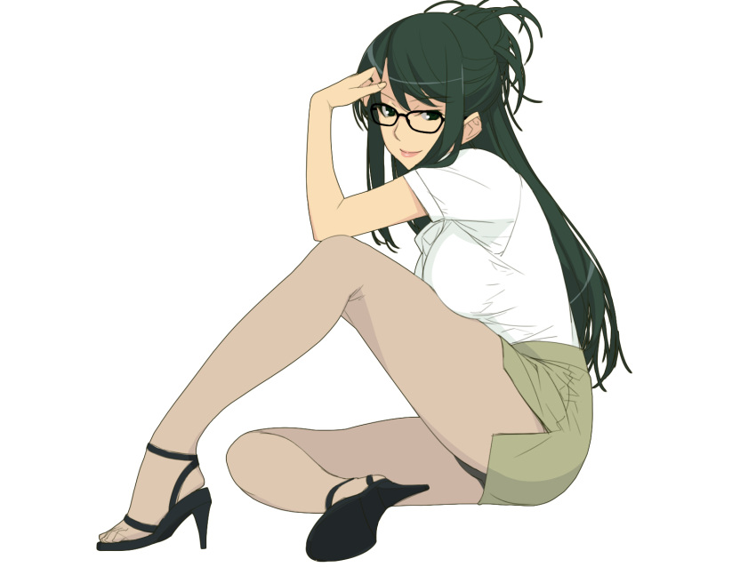 1girl, black-framed_glasses, black_hair, breasts, glasses, green_eyes, hair_bun, high_heels