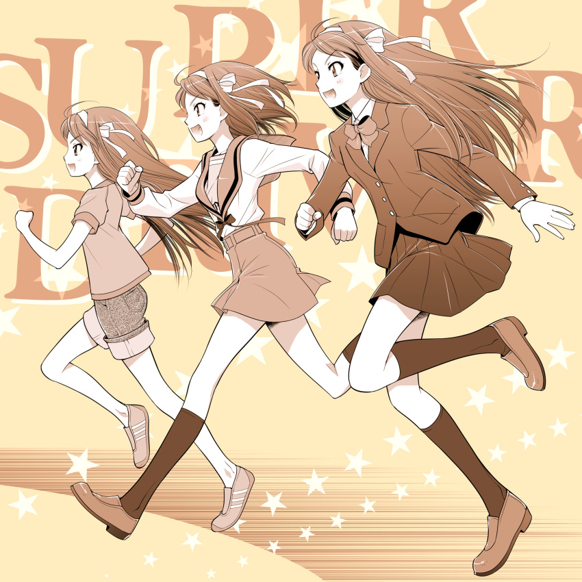 denim_shorts, dual_persona, hairband, highres, long_hair, mami_akira, monochrome, orange_(color)